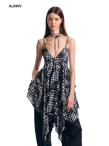 ALINNV Vintage Asymmetrical Double Layer Plaid Women&