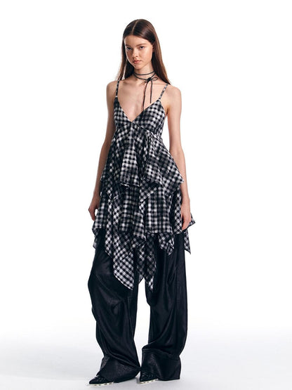 ALINNV Vintage Asymmetrical Double Layer Plaid Women&