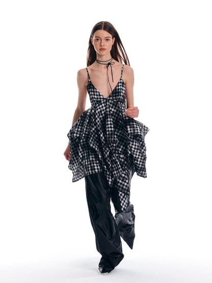 ALINNV Vintage Asymmetrical Double Layer Plaid Women&
