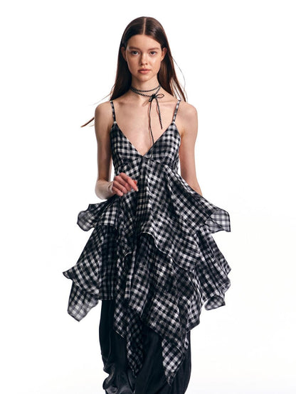 ALINNV Vintage Asymmetrical Double Layer Plaid Women&