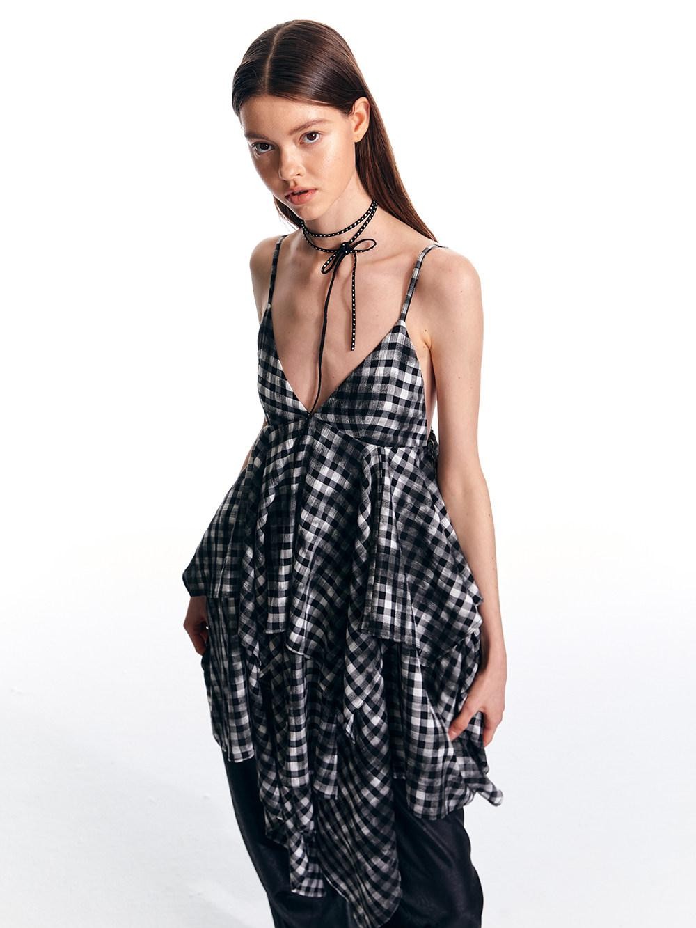 ALINNV Vintage Asymmetrical Double Layer Plaid Women&