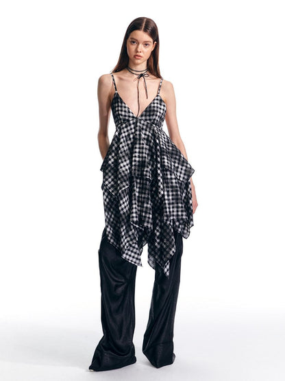 ALINNV Vintage Asymmetrical Double Layer Plaid Women&