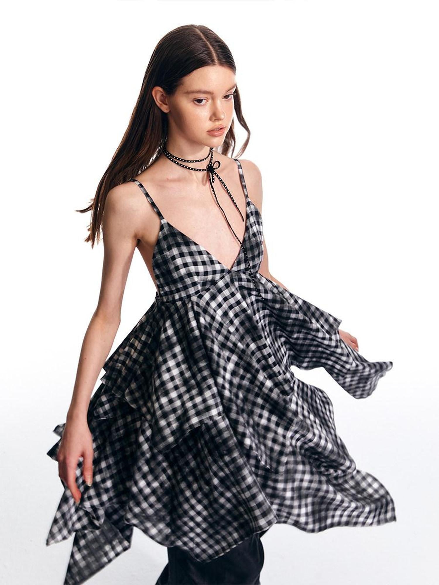 ALINNV Vintage Asymmetrical Double Layer Plaid Women&