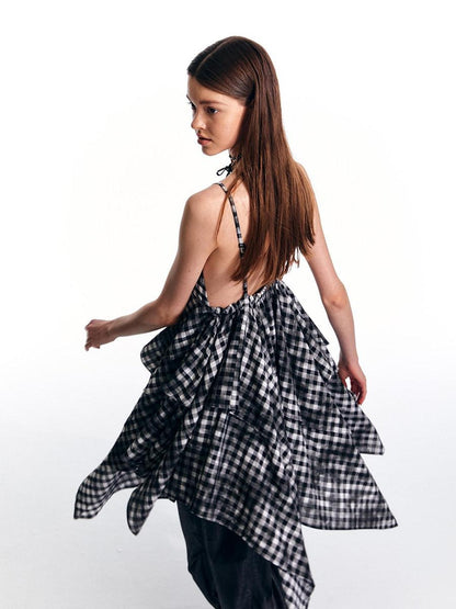 ALINNV Vintage Asymmetrical Double Layer Plaid Women&