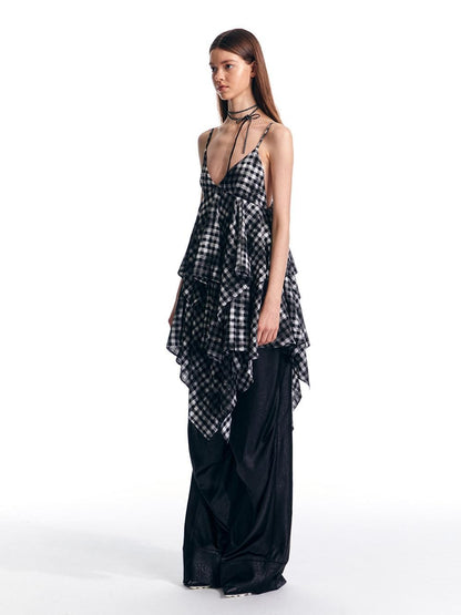 ALINNV Vintage Asymmetrical Double Layer Plaid Women&