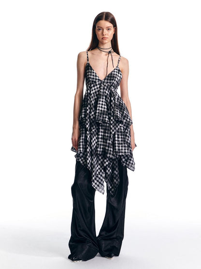ALINNV Vintage Asymmetrical Double Layer Plaid Women&