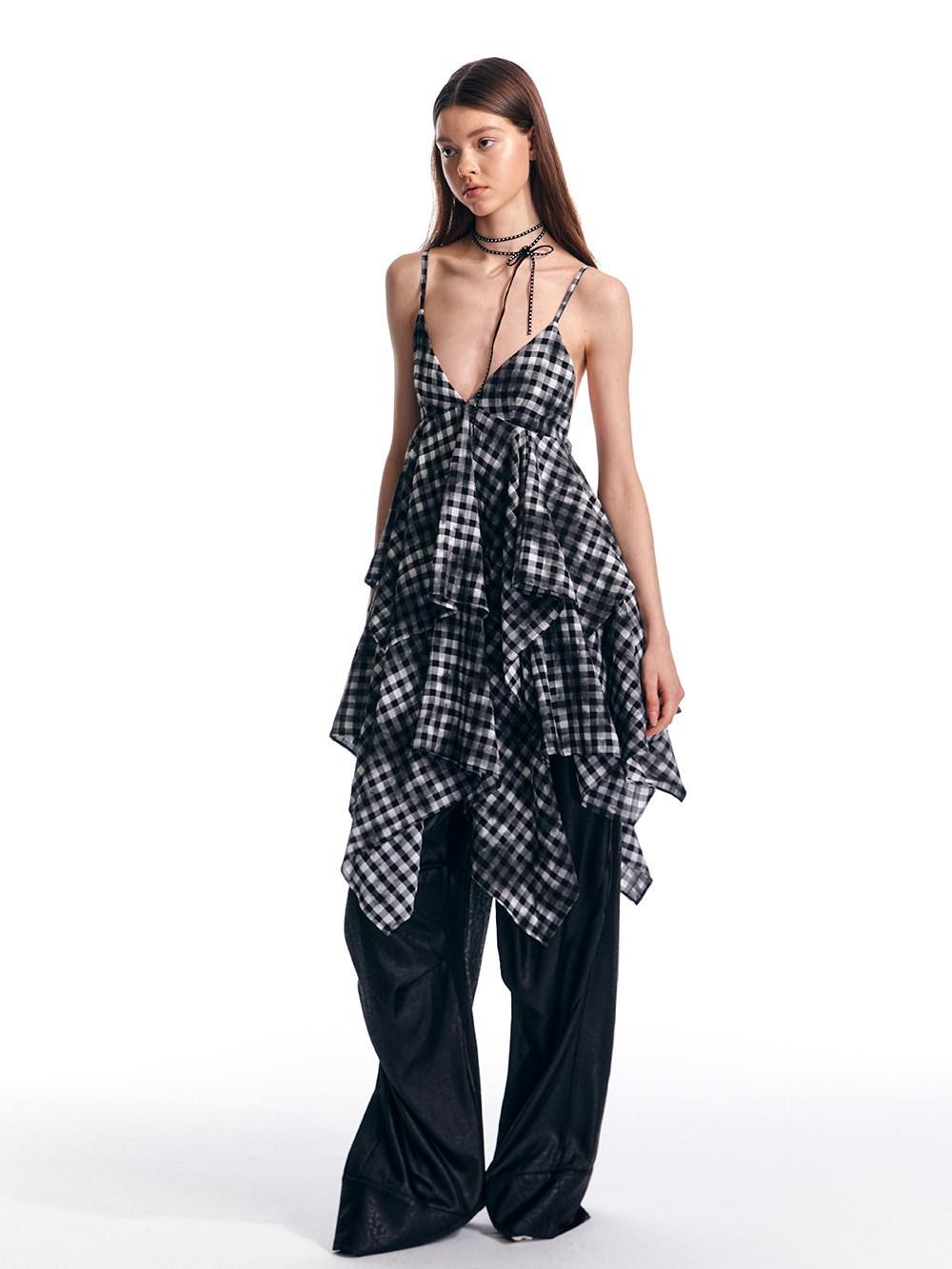 ALINNV Vintage Asymmetrical Double Layer Plaid Women&