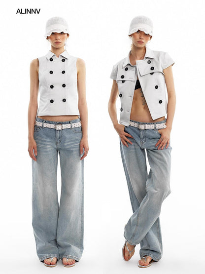 ALINNV Vintage Double Breasted Lapel Short Women&