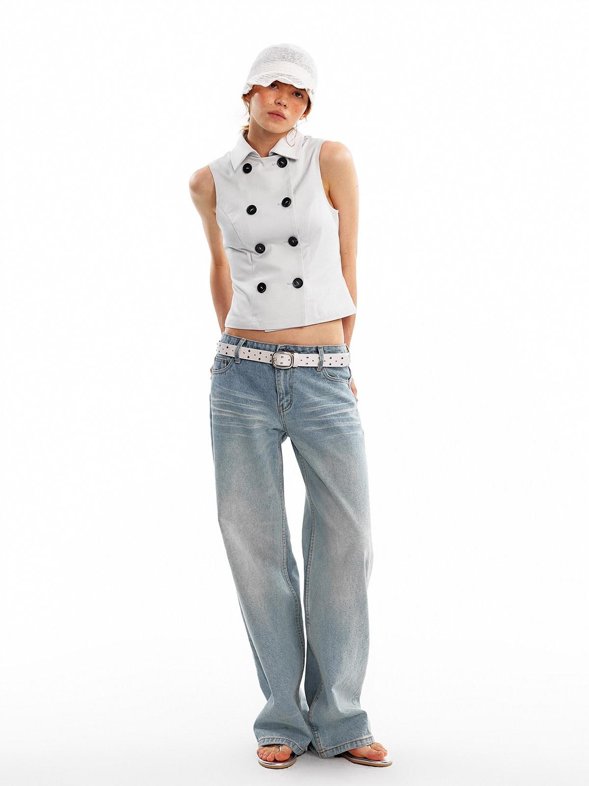 ALINNV Vintage Double Breasted Lapel Short Women&