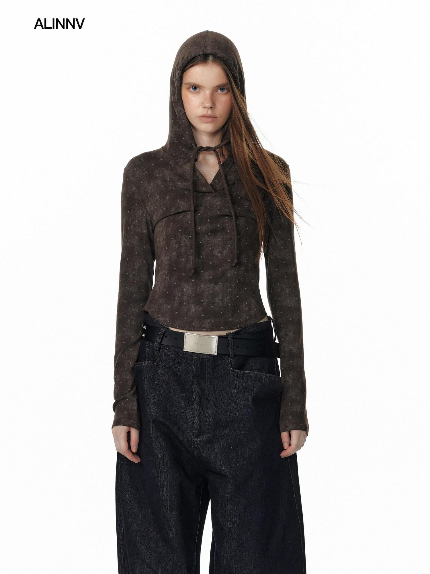 ALINNV Vintage Polka Dot Tie Detail Cropped Long Sleeve Women&
