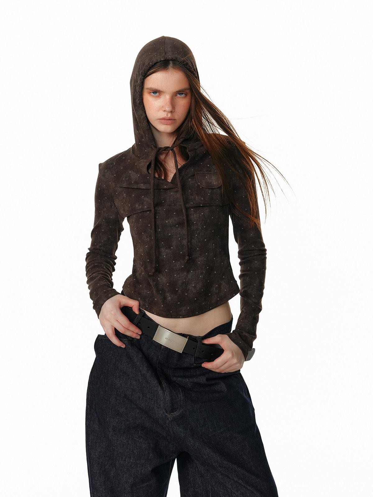 ALINNV Vintage Polka Dot Tie Detail Cropped Long Sleeve Women&