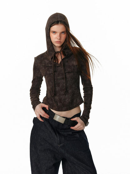 ALINNV Vintage Polka Dot Tie Detail Cropped Long Sleeve Women&