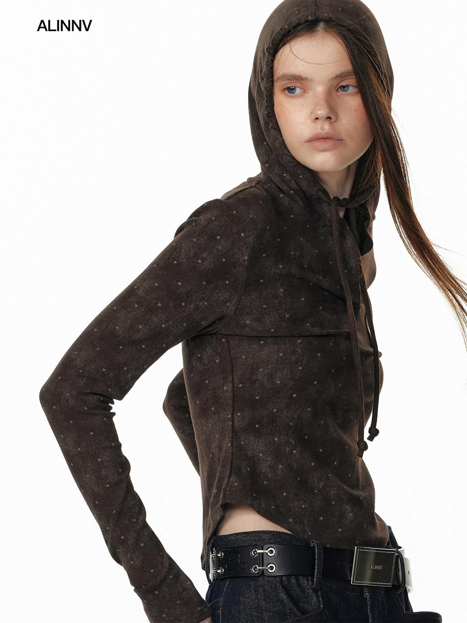 ALINNV Vintage Polka Dot Tie Detail Cropped Long Sleeve Women&