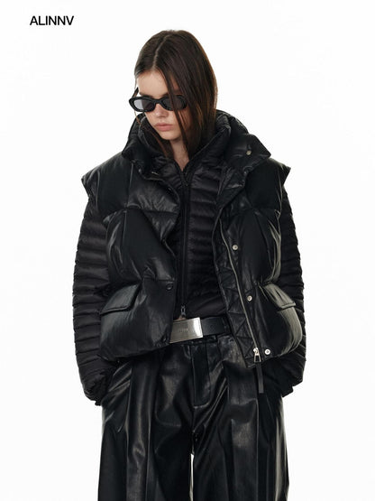 ALINNV Vintage Pu Leather Stand Collar Zip Up Warm Padded Women&