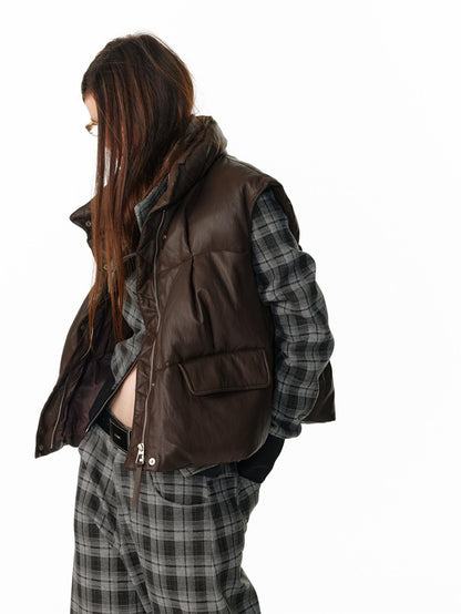 ALINNV Vintage Pu Leather Stand Collar Zip Up Warm Padded Women&