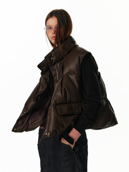 ALINNV Vintage Pu Leather Stand Collar Zip Up Warm Padded Women&
