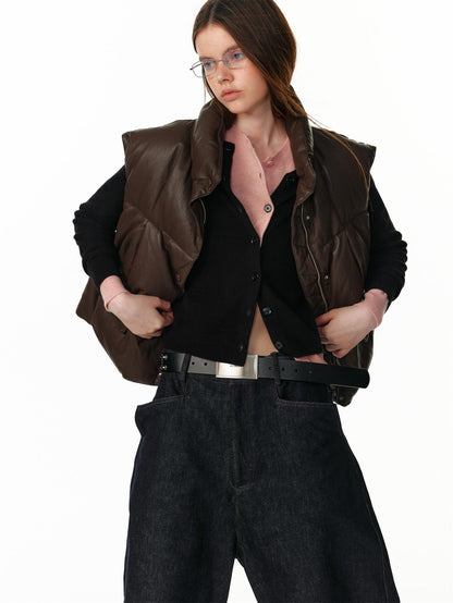 ALINNV Vintage Pu Leather Stand Collar Zip Up Warm Padded Women&
