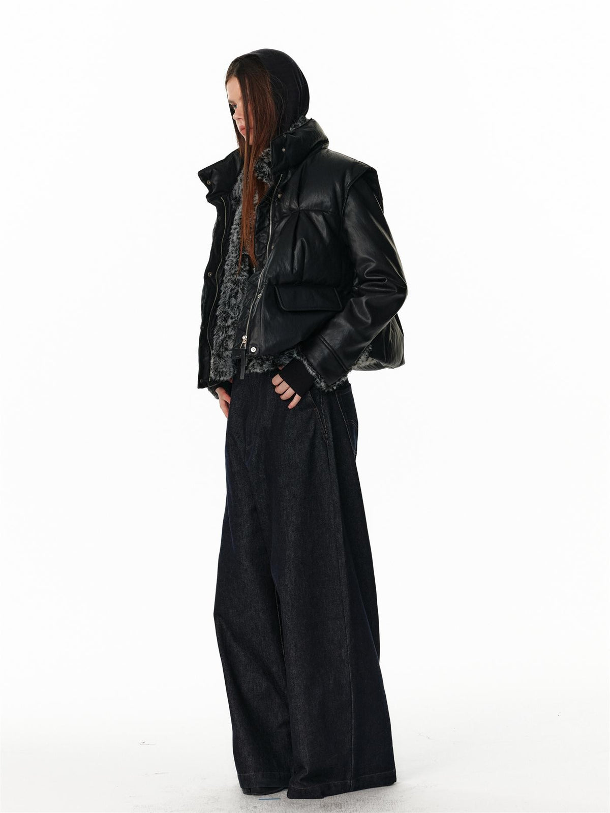 ALINNV Vintage Pu Leather Stand Collar Zip Up Warm Padded Women&