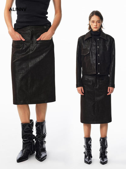 ALINNV Washed Suede High Waist Pencil Women&