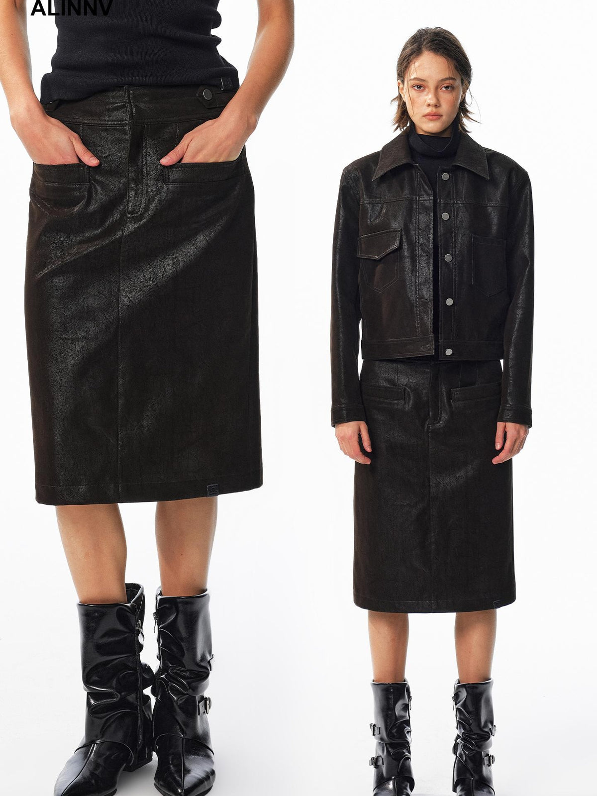 ALINNV Washed Suede High Waist Pencil Women&