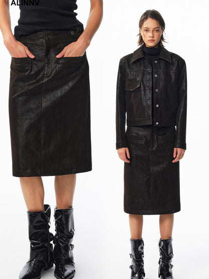 ALINNV Washed Suede High Waist Pencil Women&