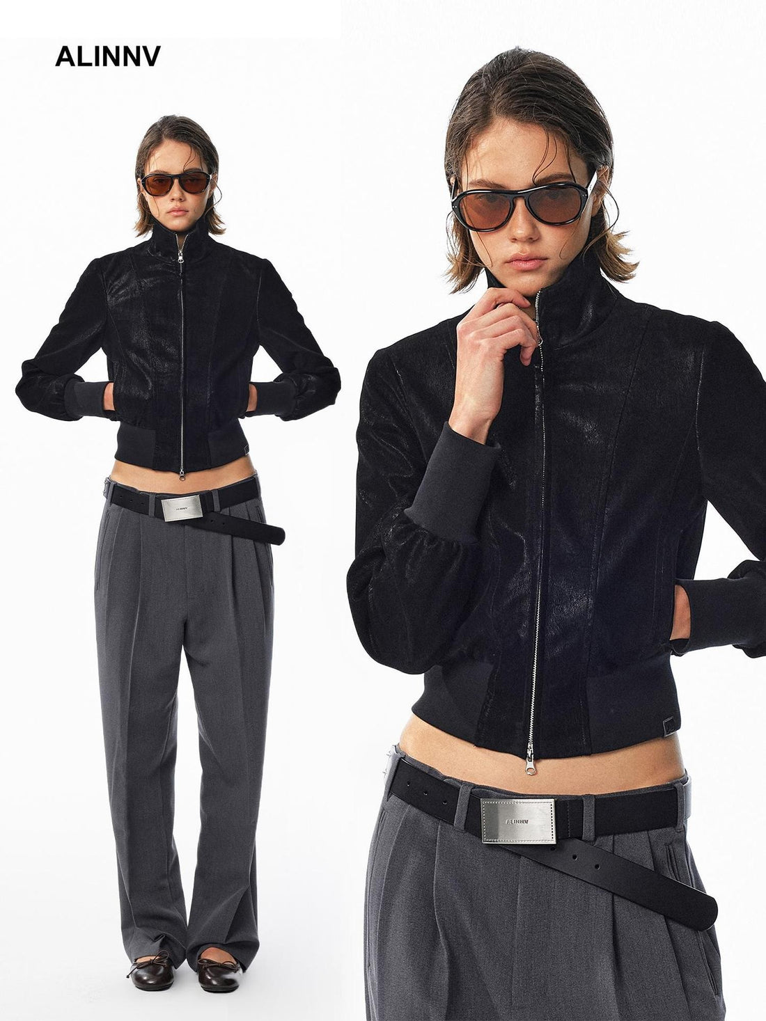 ALINNV Washed Suede Slim Fit Stand Collar Zip Women&