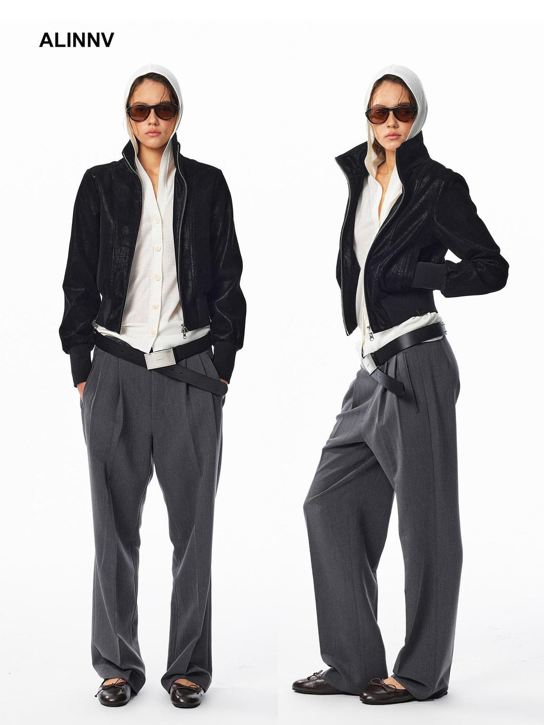 ALINNV Washed Suede Slim Fit Stand Collar Zip Women&