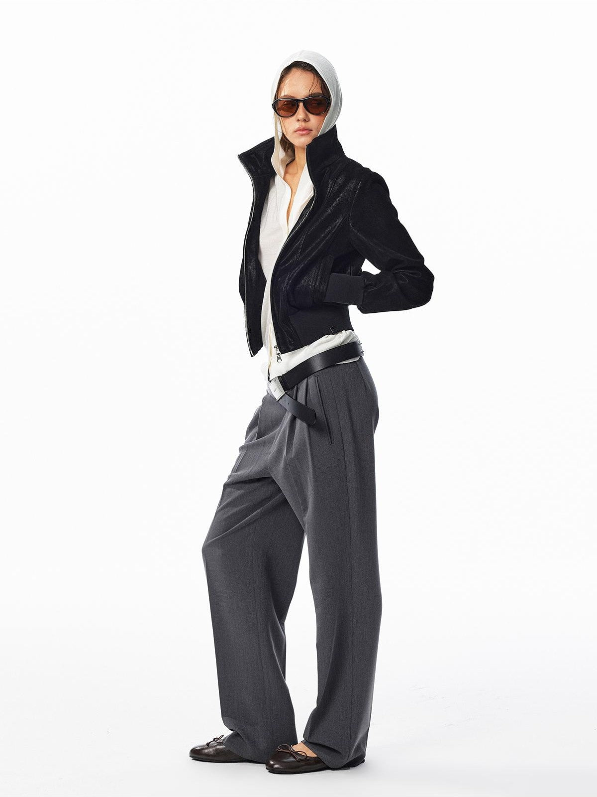 ALINNV Washed Suede Slim Fit Stand Collar Zip Women&