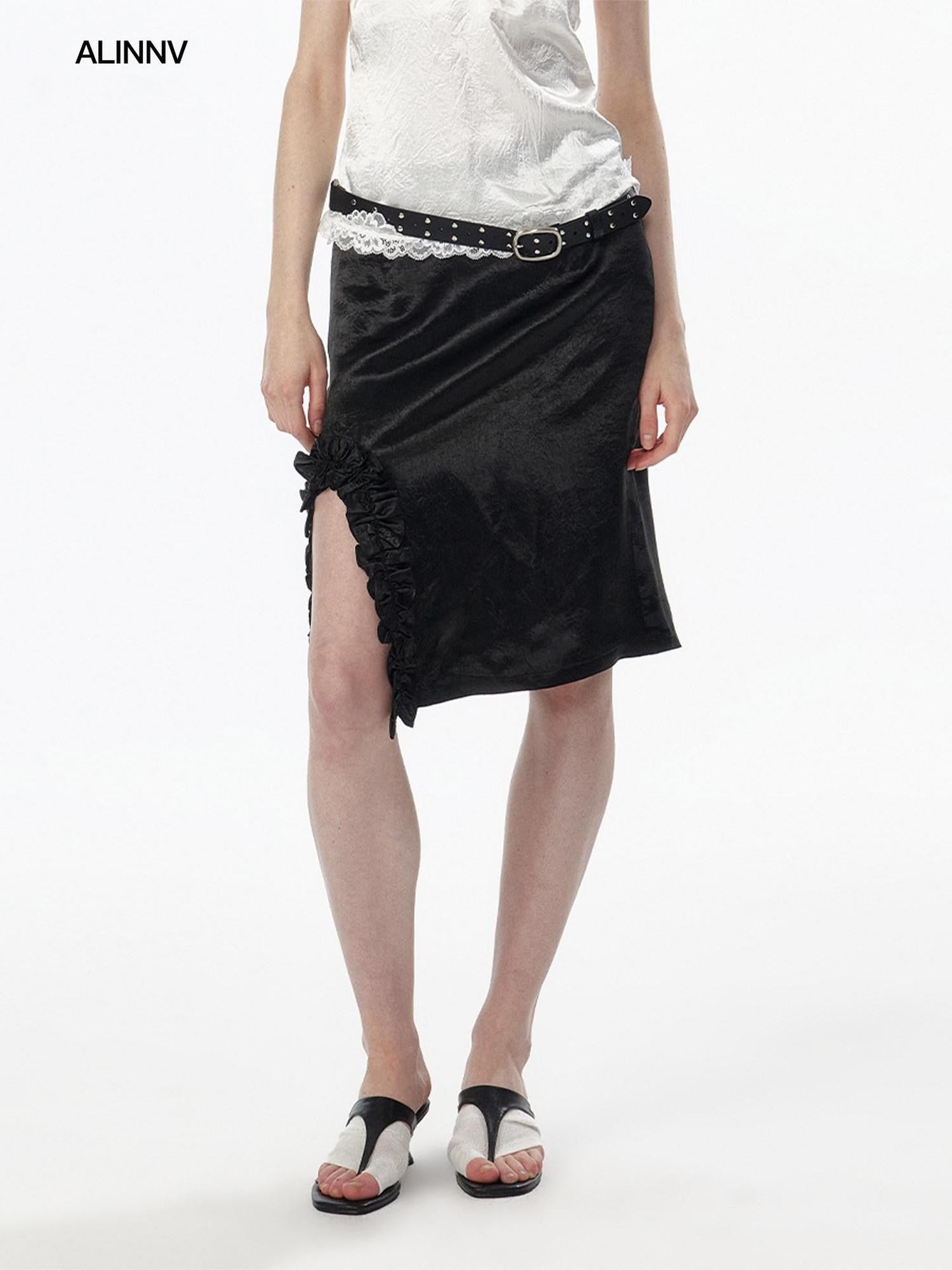 ALINNV White Lace Ruffle Hem Lined Women&