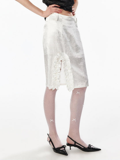ALINNV White Lace Ruffle Hem Lined Women&