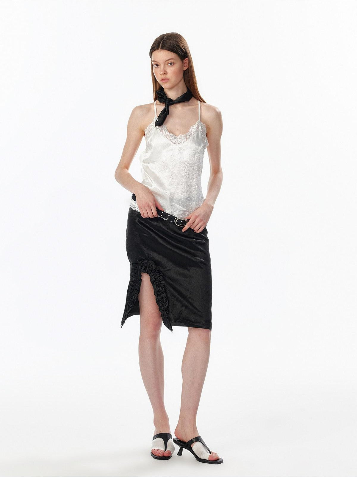 ALINNV White Lace Ruffle Hem Lined Women&
