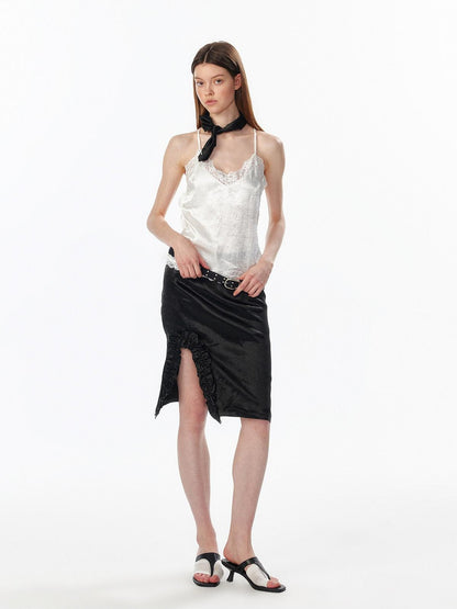 ALINNV White Lace Ruffle Hem Lined Women&
