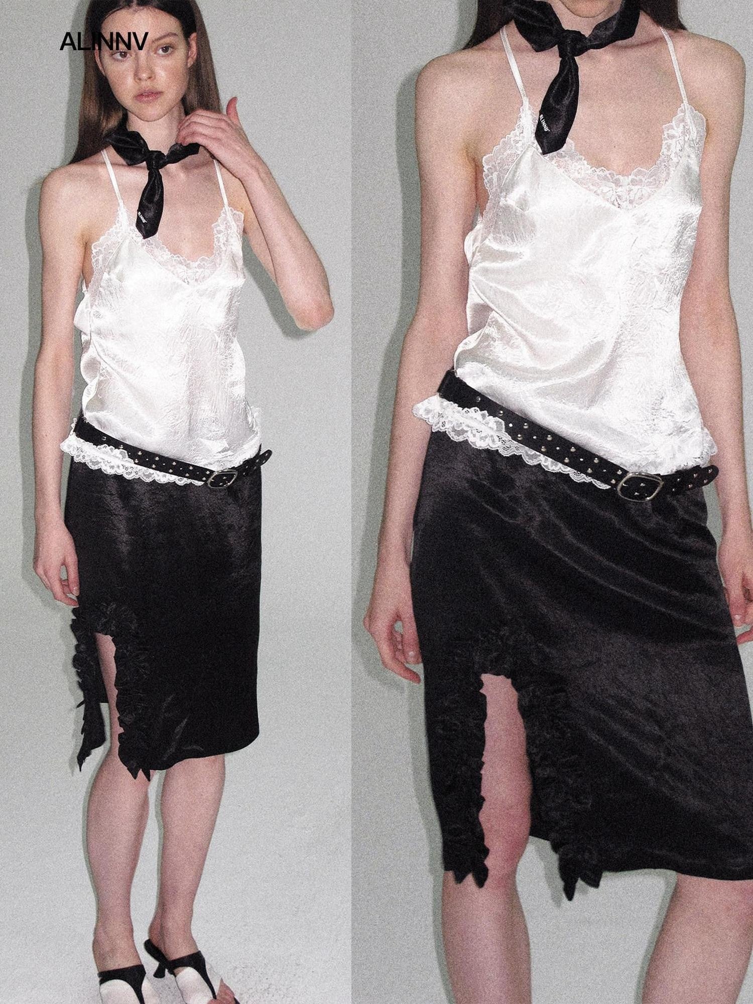 ALINNV White Lace Ruffle Hem Lined Women&