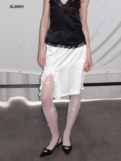 ALINNV White Lace Ruffle Hem Lined Women&