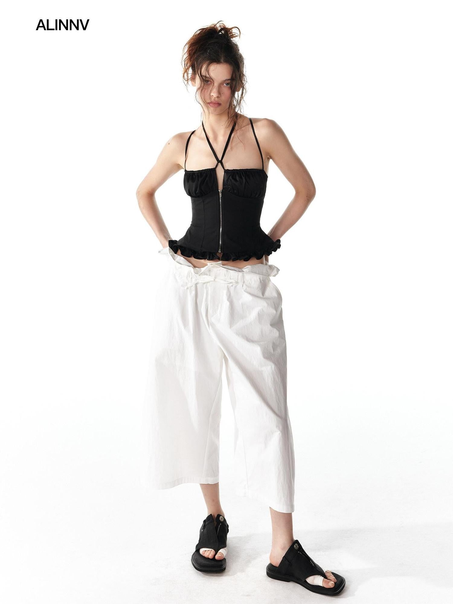 ALINNV White Lace Trim Tie Relaxed Casual Commuter Women&