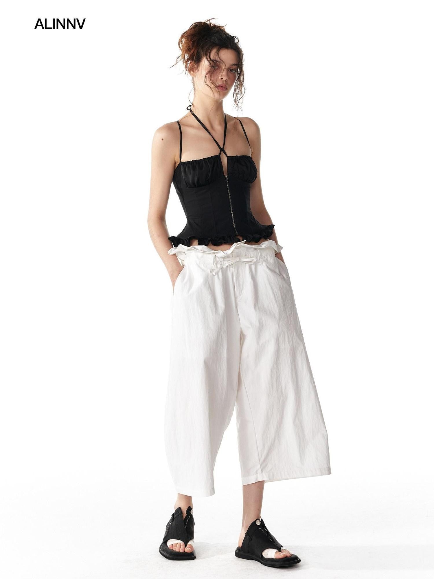 ALINNV White Lace Trim Tie Relaxed Casual Commuter Women&