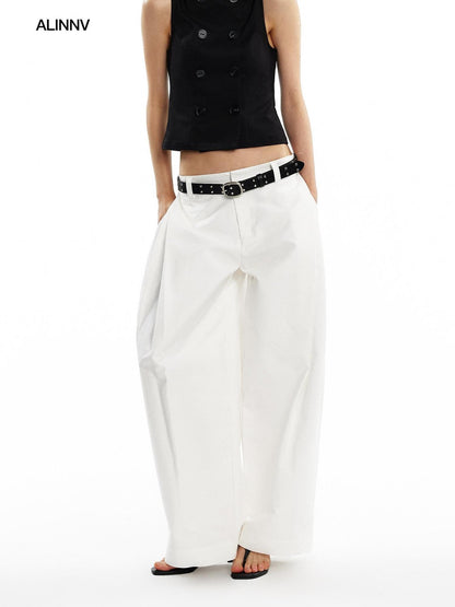 ALINNV White Pleated High Thread Count Curved Hem Women&