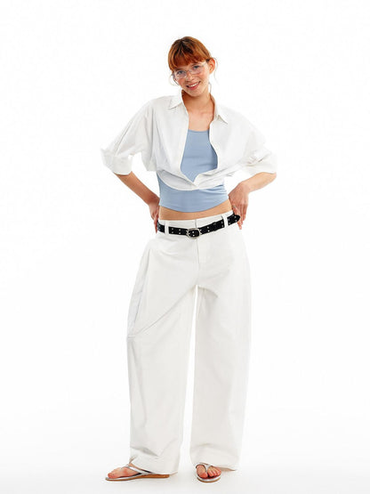 ALINNV White Pleated High Thread Count Curved Hem Women&