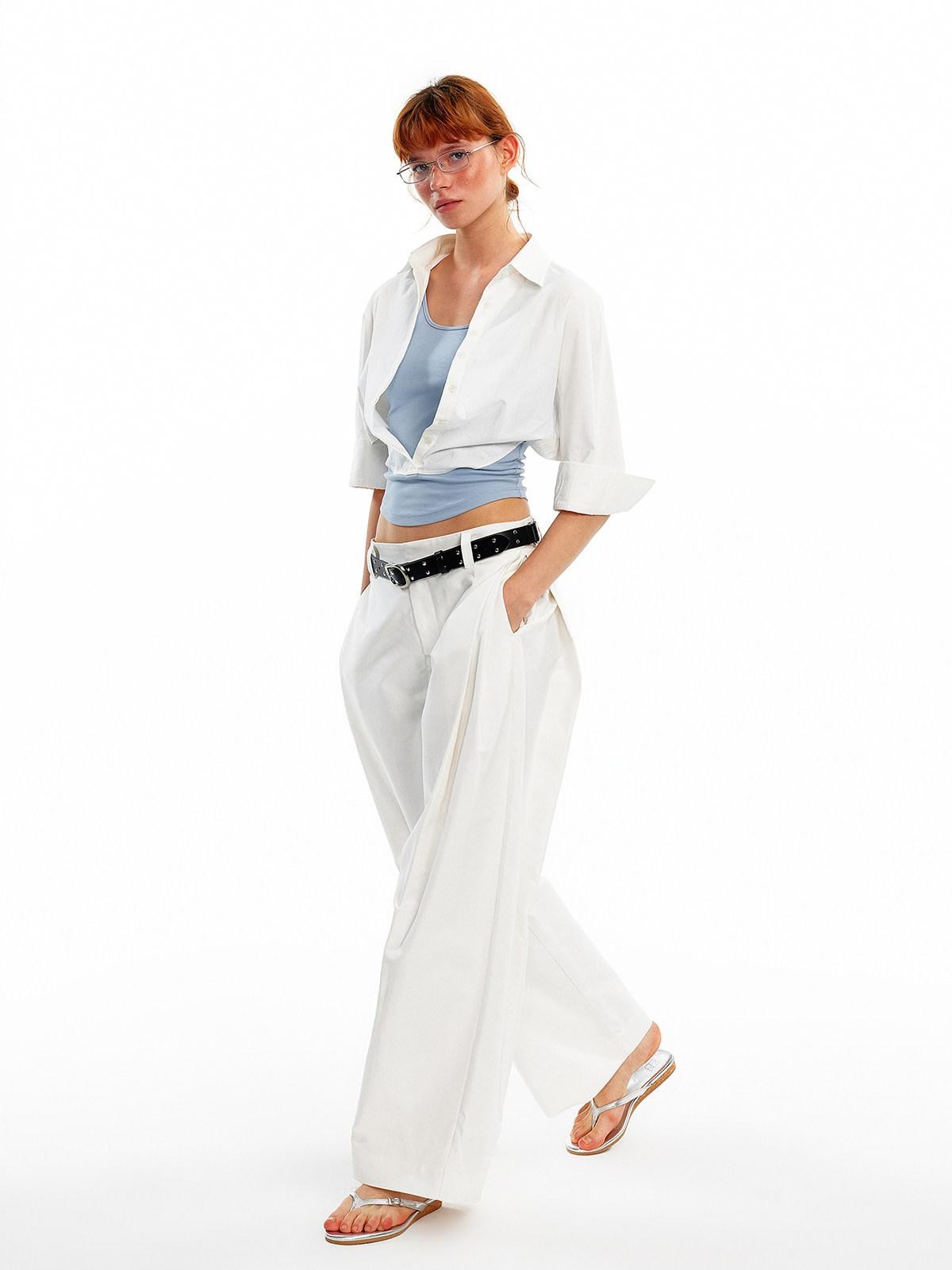 ALINNV White Pleated High Thread Count Curved Hem Women&