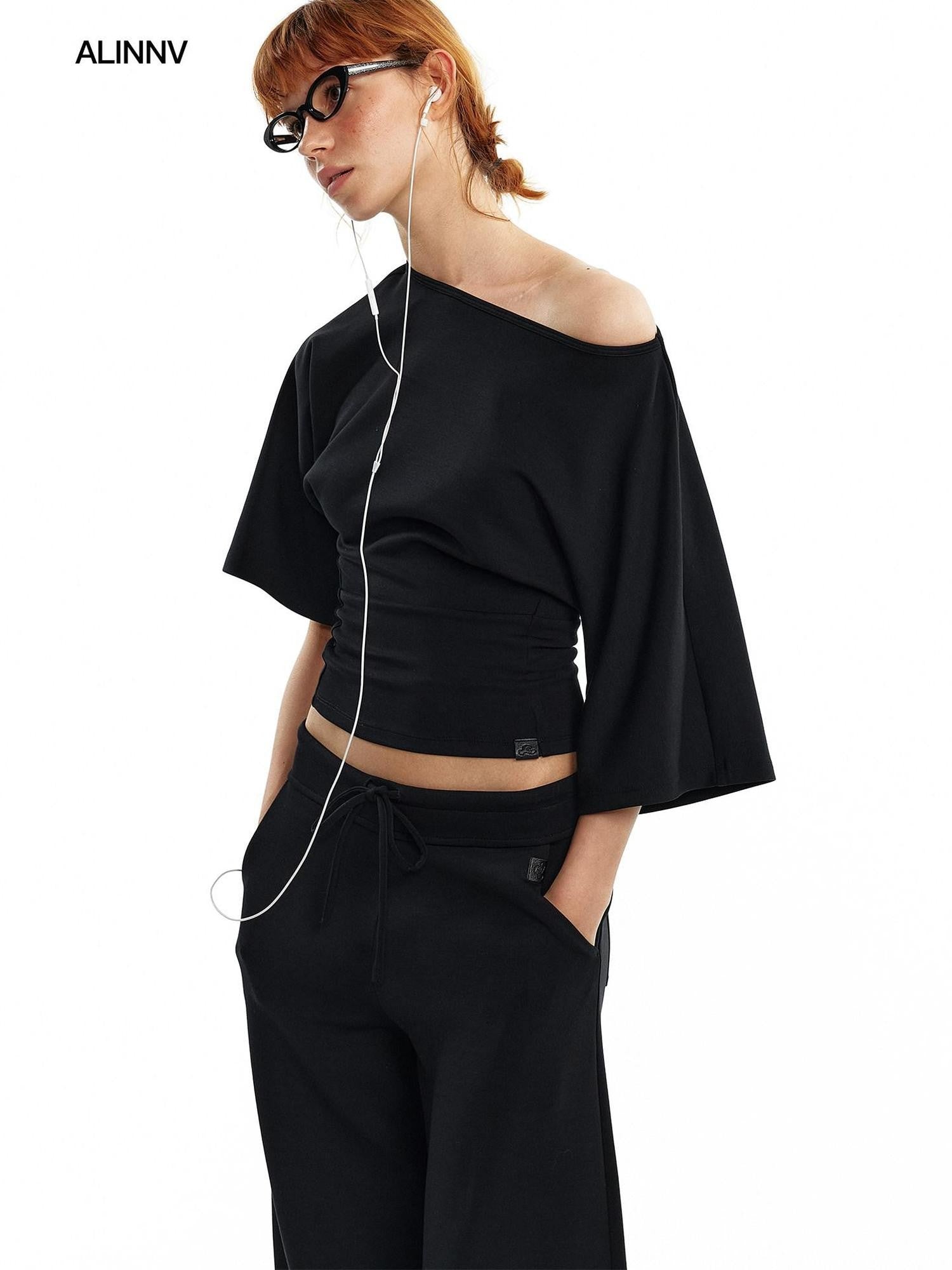 ALINNV Wide Sleeve Cinched Waist Loose Fit Women&