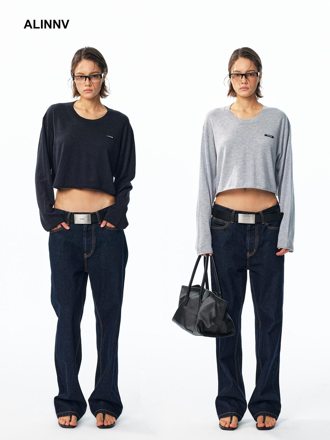 ALINNV Wool Blend Loose Crewneck Cropped Women&