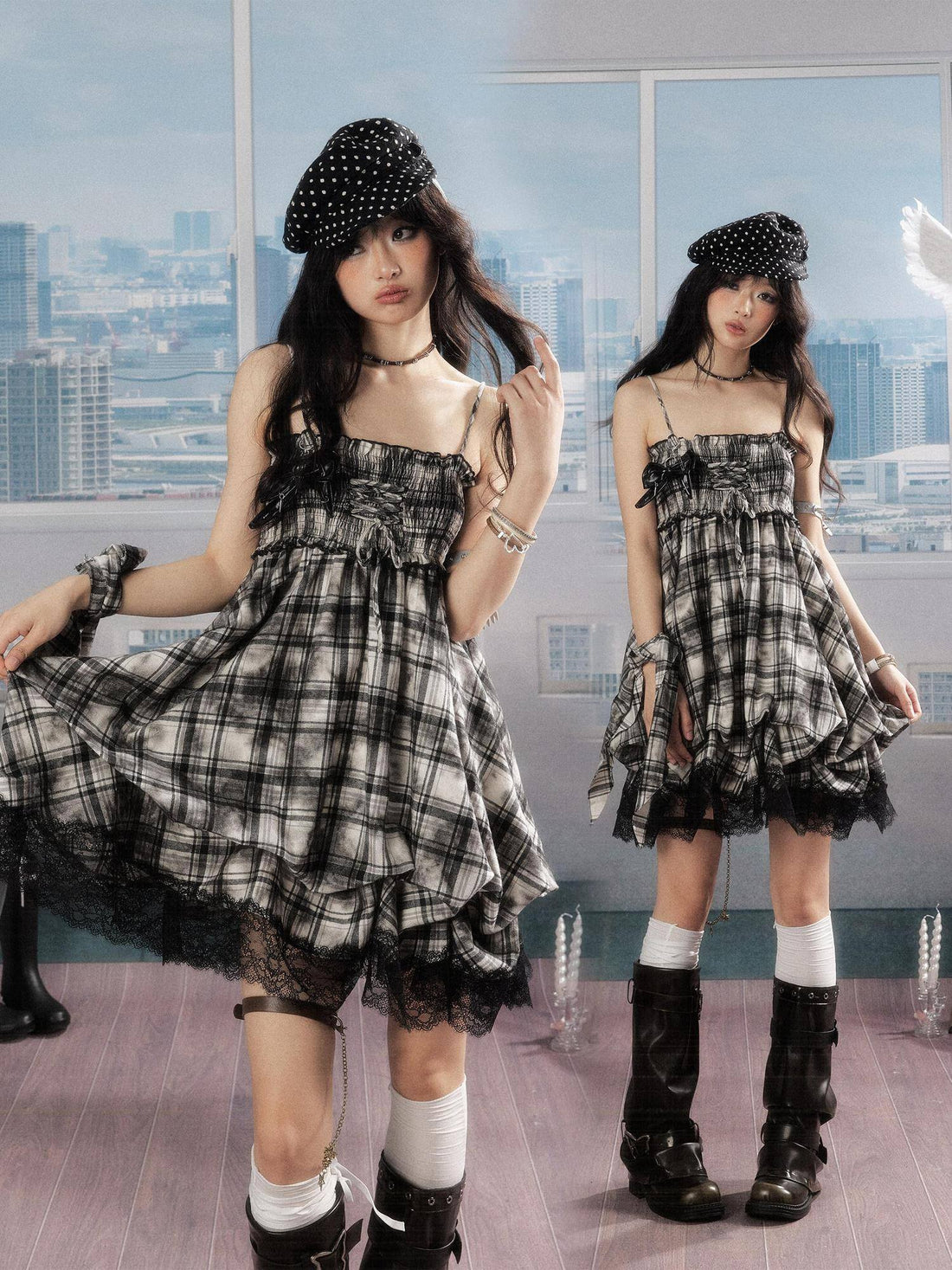 ALL iN plan 100% Cotton Tie Dye Pleated Puff Sleeveless Japanese Black Slip Midi Dresses