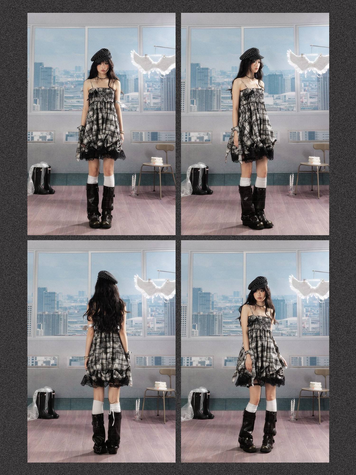 ALL iN plan 100% Cotton Tie Dye Pleated Puff Sleeveless Japanese Black Slip Midi Dresses