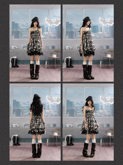 ALL iN plan 100% Cotton Tie Dye Pleated Puff Sleeveless Japanese Black Slip Midi Dresses