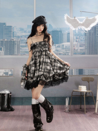 ALL iN plan 100% Cotton Tie Dye Pleated Puff Sleeveless Japanese Black Slip Midi Dresses