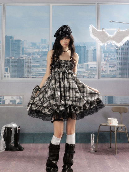ALL iN plan 100% Cotton Tie Dye Pleated Puff Sleeveless Japanese Black Slip Midi Dresses