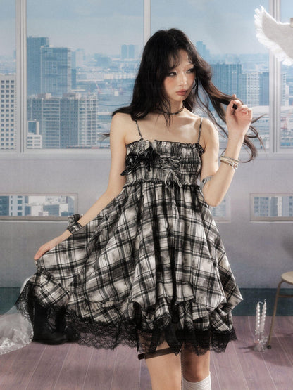 ALL iN plan 100% Cotton Tie Dye Pleated Puff Sleeveless Japanese Black Slip Midi Dresses