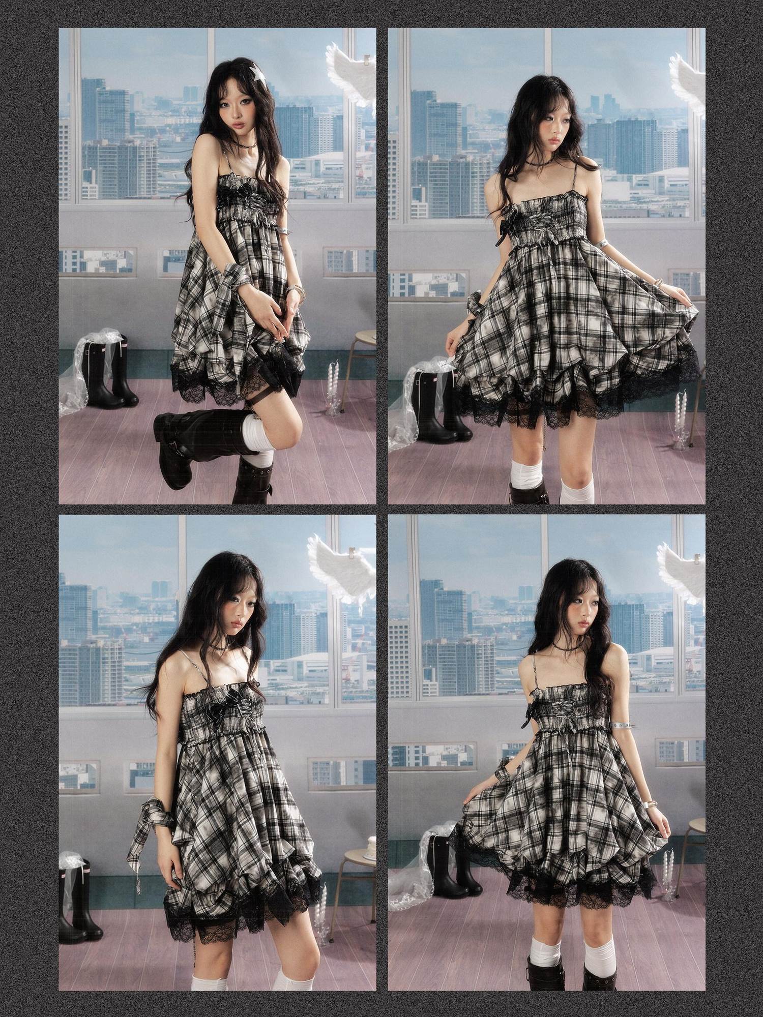 ALL iN plan 100% Cotton Tie Dye Pleated Puff Sleeveless Japanese Black Slip Midi Dresses