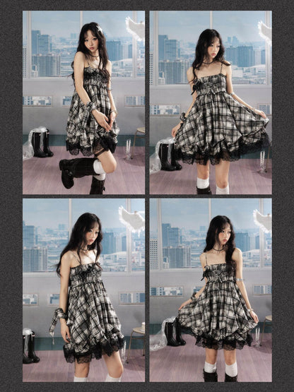 ALL iN plan 100% Cotton Tie Dye Pleated Puff Sleeveless Japanese Black Slip Midi Dresses