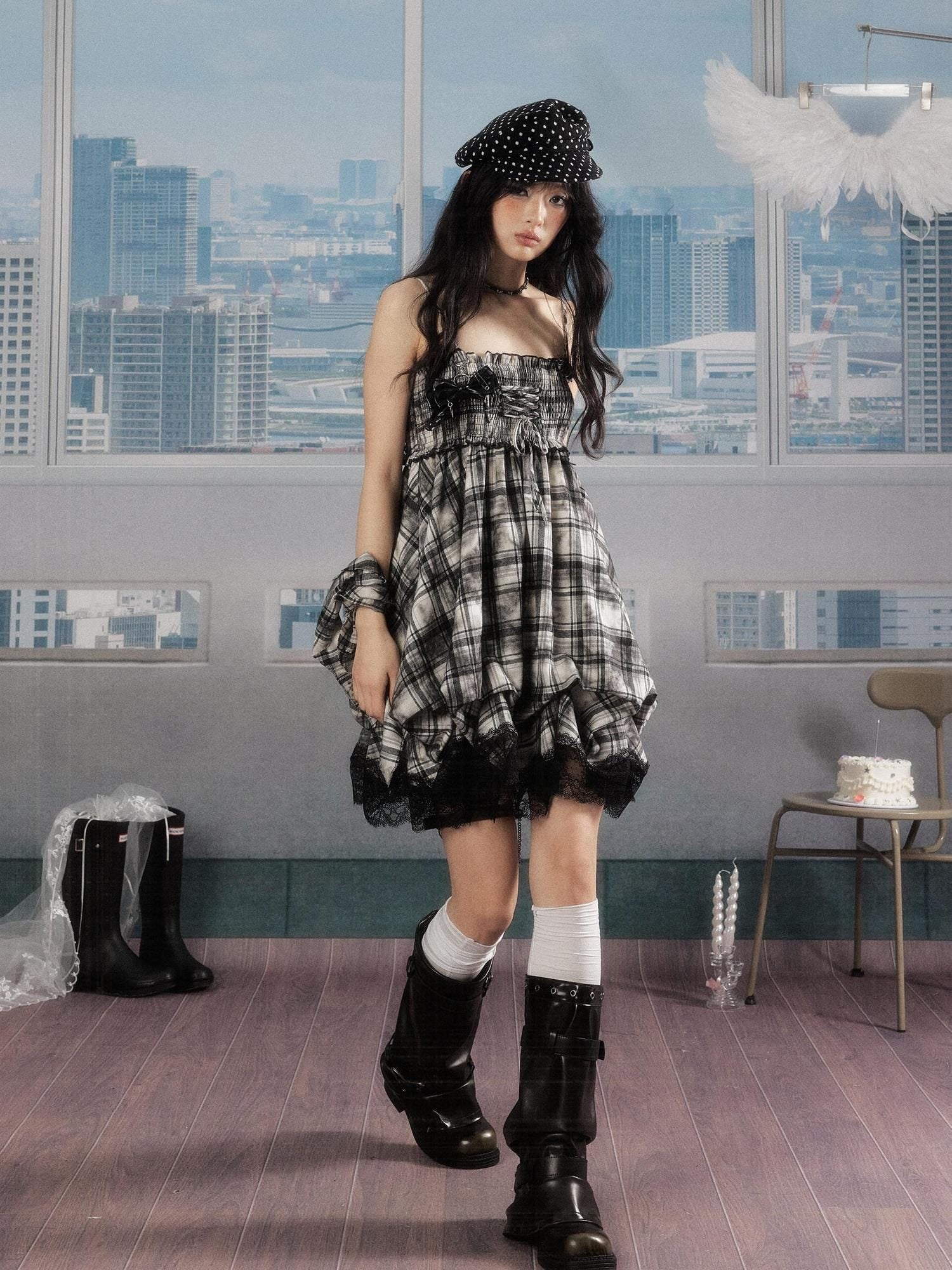 ALL iN plan 100% Cotton Tie Dye Pleated Puff Sleeveless Japanese Black Slip Midi Dresses